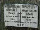 
Michael EGAN,
died 18 May 1922 aged 73 years;
Mary Ellen EGAN,
died 24 Dec 1924 aged 74 years;
St James Catholic Cemetery, Palen Creek, Beaudesert Shire
