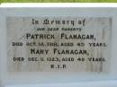 
parents;
Patrick FLANAGAN,
died 18 Oct 1918 aged 45 years;
Mary FLANAGAN,
died 9 Dec 1923 aged 40 years;
St James Catholic Cemetery, Palen Creek, Beaudesert Shire
