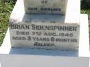 
Brian SIDENSPINNER,
died 7 Aug 1946 aged 3 years 8 months;
St James Catholic Cemetery, Palen Creek, Beaudesert Shire
