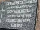 
Vincent F. WARD, son brother,
died 13 July 1969 aged 40 years;
St James Catholic Cemetery, Palen Creek, Beaudesert Shire
