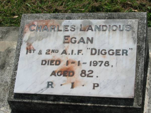 Charles Landious EGAN,  | died 1-1-1978 aged 82;  | St James Catholic Cemetery, Palen Creek, Beaudesert Shire  | 