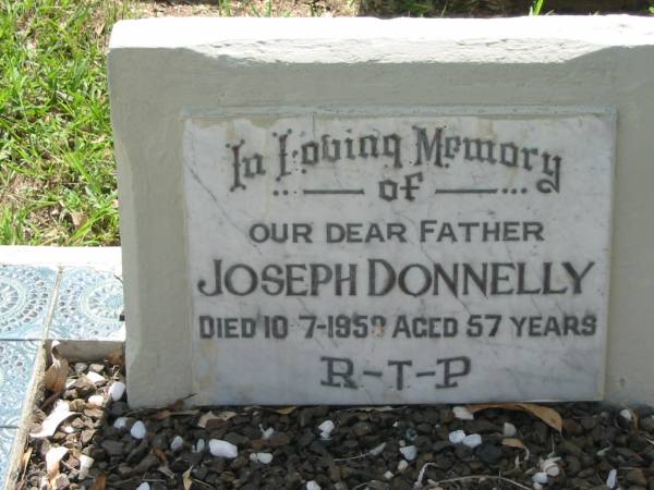 Joseph DONNELLY, father,  | died 10-7-1959 aged 57 years;  | St James Catholic Cemetery, Palen Creek, Beaudesert Shire  | 