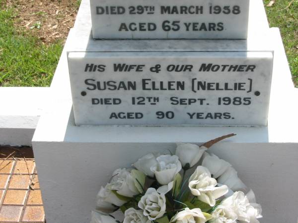 Anthony WARD, husband father,  | died 29 March 1958 aged 65 years;  | Susan Ellen (Nellie), wife mother,  | died 12 Sept 1985 aged 90 years;  | St James Catholic Cemetery, Palen Creek, Beaudesert Shire  | 