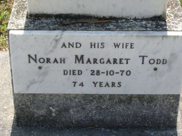 William TODD,  | died 25-12-65 aged 78 years;  | Norah Margaret TODD, wife,  | died 28-10-70 aged 74 years;  | St James Catholic Cemetery, Palen Creek, Beaudesert Shire  | 