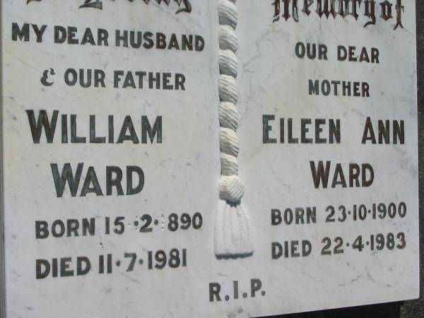 William WARD, husband father,  | born 15-2-1890 died 11-7-1981;  | Eileen Ann WARD, mother,  | born 23-10-1900 died 22-4-1983;  | St James Catholic Cemetery, Palen Creek, Beaudesert Shire  | 