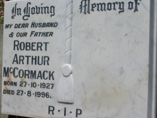 Robert Arthur MCCORMACK, husband father,  | born 27-19-1927 died 27-8-1996;  | St James Catholic Cemetery, Palen Creek, Beaudesert Shire  | 