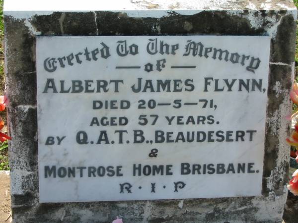 Albert James FLYNN,  | died 20-5-71 aged 57 years;  | St James Catholic Cemetery, Palen Creek, Beaudesert Shire  | 