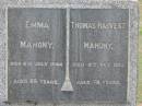 
Emma MAHONY, died 8 July 1944 aged 88 years;
Thomas Harvest MAHONY, died 11 Oct 1927 aged 78 years;
Parkhouse Cemetery, Beaudesert
