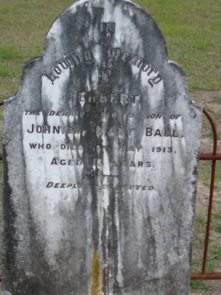 Herbert  | son of  | John and Mary BALL  | 18? th May 1913  | aged 13  |   | Parkhouse Cemetery, Beaudesert  | 