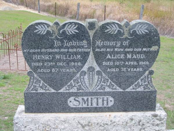 SMITH;  | Henry William, died 23 Dec 1958 aged 67 years; husband father;  | Alice Maud, died 10 Apr 1968 aged 78 years, wife mother;  | Parkhouse Cemetery, Beaudesert  | 