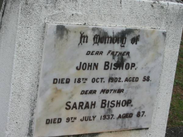 John BISHOP, died 18 Oct 1902 aged 58, father;  | Sarah BISHOP, died 9 July 1937 aged 87, mother;  | Parkhouse Cemetery, Beaudesert  | 