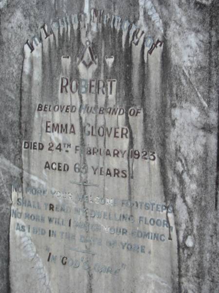 Robert husband of Emma GLOVER, died 24 Feb 1923 aged 63 years;  | Parkhouse Cemetery, Beaudesert  | 