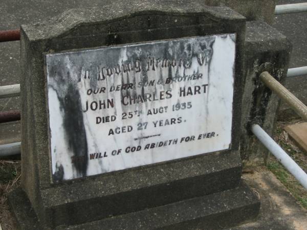 John Charles HART, died 25 Aug 1035 aged 27 years, son brother;  | Parkhouse Cemetery, Beaudesert  | 