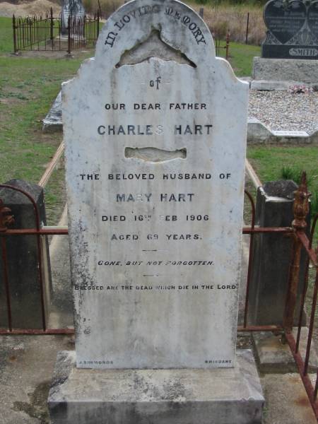 Charles HART, husband of Mary HART, died 16 Feb 1906 aged 69 years, father;  | Parkhouse Cemetery, Beaudesert  | 