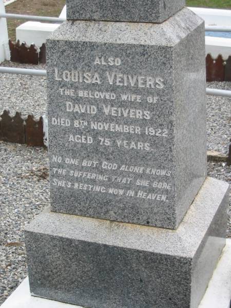 David VEIVERS, died 5 Oct 1910 aged 74 years, husband;  | Louisa VEIVERS, wife of David VEIVERS, died 8 Nov 1922 aged 75 years;  | Parkhouse Cemetery, Beaudesert  | 