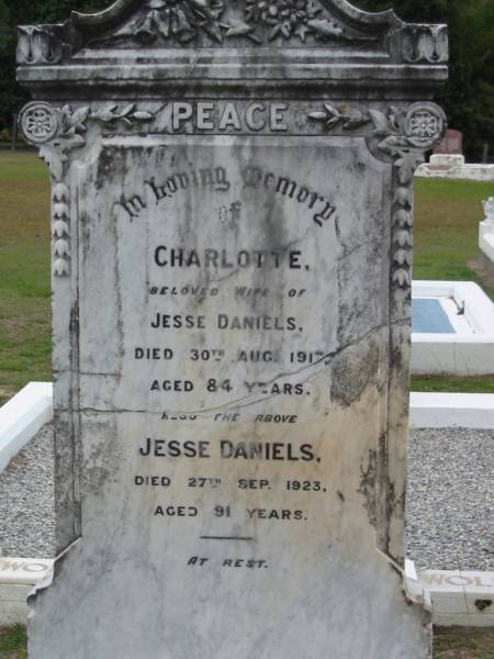 Charlotte wife of Jesse DANIELS, died 30 Aug 1917 aged 84 years;  | Jesse DANIELS, died 27 Sept 1923 aged 91 years;  | Parkhouse Cemetery, Beaudesert  | 