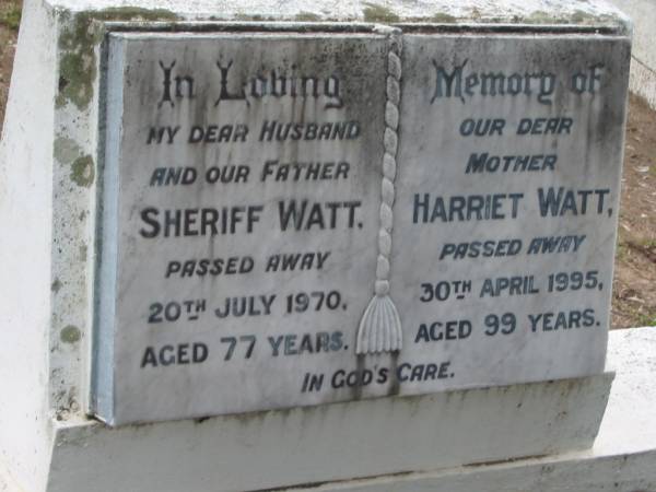 Sheriff WATT, died 20 July 1970 aged 77 years, husband father;  | Harriet WATT, died 30 Apr 1995 aged 99 years, mother;  | Parkhouse Cemetery, Beaudesert  | 