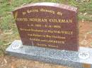 
David Norman COLEMAN, 4-6-1919 - 6-6-2004, wife Willy, father of Karen and Lawrence;
Peachester Cemetery, Caloundra City
