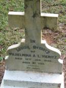 
Wilhelmina A.L. VIERITZ, died 15 Jan 1940 aged 81 years;
Peachester Cemetery, Caloundra City
