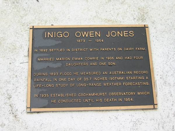 Inigo Owen JONES, 1873 - 1954; wife Marion Emma COMRIE, daughters son;  | Peachester Cemetery, Caloundra City  | 