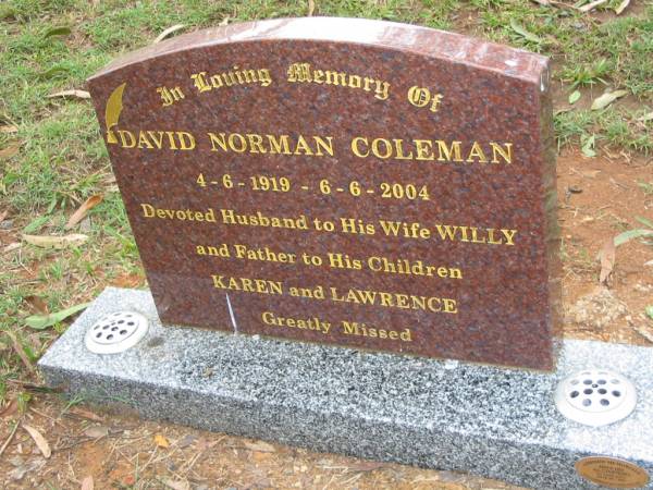 David Norman COLEMAN, 4-6-1919 - 6-6-2004, wife Willy, father of Karen and Lawrence;  | Peachester Cemetery, Caloundra City  | 
