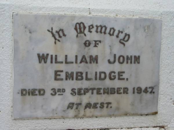 William John EMBLIDGE; 3 Sep 1947  | Peachester Cemetery, Caloundra City  | 