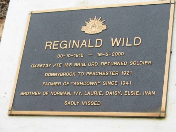Reginald WILD, 30-10-1912 - 16-5-2000, brother of Norman, Ivy, Laurie, Daisy, Elsie, Ivan;  | Peachester Cemetery, Caloundra City  | 