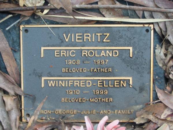 VIERITZ;  | Eric Roland, 1908-1997, father;  | Winifred Ellen, 1910-1999, mother;  | Ron, George, Julie;  | Peachester Cemetery, Caloundra City  | 