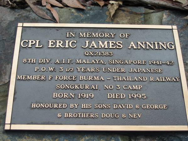 Eric James ANNING, 1919 - 1995, sons David & George, brothers Doug & Nev;  | Peachester Cemetery, Caloundra City  | 