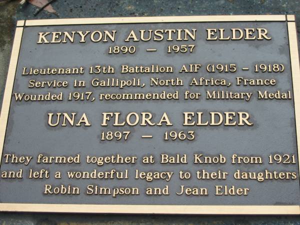 Kenyon Austin ELDER, 1890-1957;  | Una Flora ELDER, 1897 - 1963;  | daughters Robin SIMPSON and Jean ELDER;  | Peachester Cemetery, Caloundra City  | 