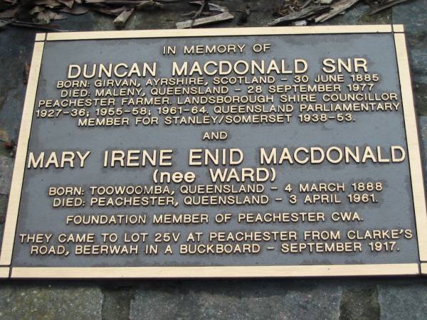 Duncan MACDONALD snr, born Girvan Ayrshire Scotland 30 June 1885, died Maleny Queensland 28 Sept 1877;  | Mary Irene Enid MACDONALD (nee WARD), born Toowoomba Queensland 4 Mar 1888, died Peachester Queensland 3 Apr 1961;  | Peachester Cemetery, Caloundra City  | 