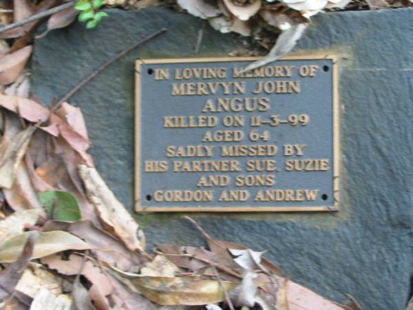 Mervyn John ANGUS, killed 11-3-99 aged 63, partner Sue, Suzie, Gordon, Andrew;  | Peachester Cemetery, Caloundra City  | 