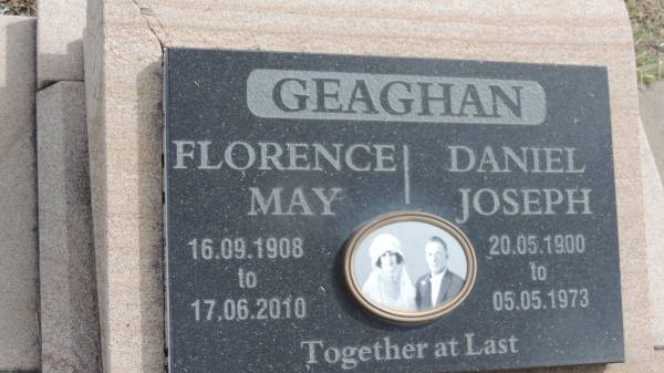Daniel Joseph GEAGHAN  | b: 20 May 1900  | d: 5 May 1973  |   | Florence May GEAGHAN  | b: 16 Sep 1908  | d: 17 Jun 2010  |   | (Danny and Wookie)  |   | Peak Downs Memorial Cemetery / Capella Cemetery  | 