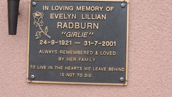 Evelyn Lillian RADBURN (Girlie)  | b: 24 Sep 1921  | d: 31 Jul 2001  |   | Peak Downs Memorial Cemetery / Capella Cemetery  | 