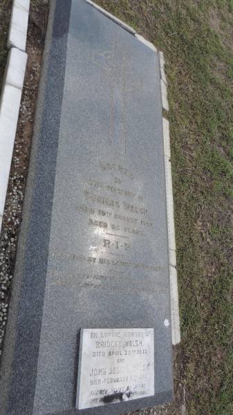 Thomas WALSH  | d: 10 Aug 1928 aged 85  |   | Bridget WALSH  | d: 20 Apr 1932  |   | John Joseph WALSH  | d: 8 Feb 1932  |   | Peak Downs Memorial Cemetery / Capella Cemetery  | 