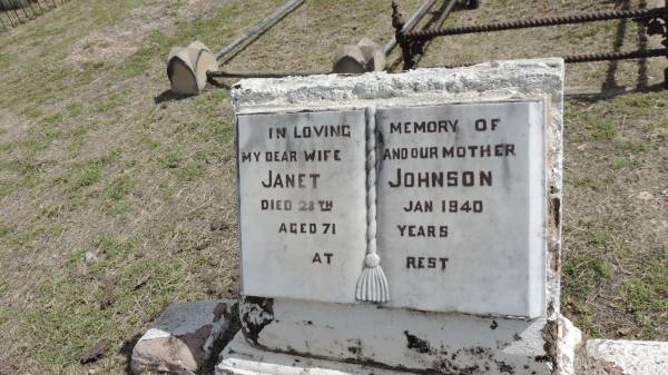 Janet JOHNSON  | d: 28 Jan 1940 aged 71  |   | Peak Downs Memorial Cemetery / Capella Cemetery  | 