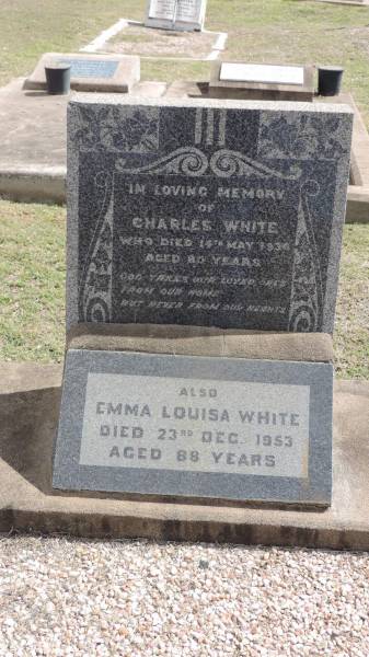 Charles WHITE  | d: 14 May 1936 aged 80  |   | Emma Louisa WHITE  | d: 23 Dec 1953 aged 88  |   | Peak Downs Memorial Cemetery / Capella Cemetery  | 