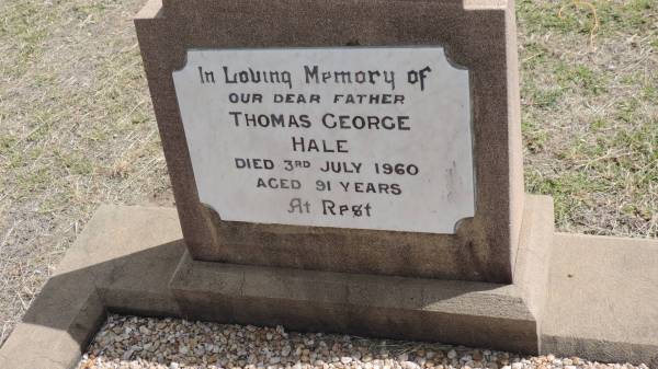Thomas George HALE  | d: 3 jul 1960 aged 91  |   | Peak Downs Memorial Cemetery / Capella Cemetery  | 