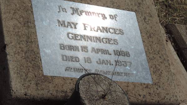 May Frances GENNINGES  | b: 15 Apr 1888  | d: 18 Jan 1937  |   | Peak Downs Memorial Cemetery / Capella Cemetery  | 