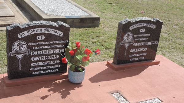Eileen Myrtle CANNONS (nee McARDLE)  | d: 17 Jul 1999 aged 79  |   | Leonard John CANNONS  | d: 4 Jul 1974 aged 61  |   | Peak Downs Memorial Cemetery / Capella Cemetery  | 