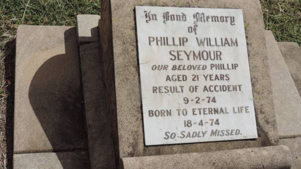 Phillip William SEYMOUR  | d: 18 Apr 1974 aged 21  | as a result of accident 9 Feb 1974  |   | Simon  |   | Peak Downs Memorial Cemetery / Capella Cemetery  | 