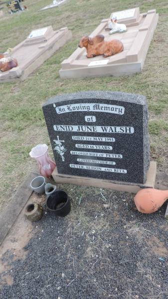 Enid June WALSH  | d: 1 May 1993 aged 66  | wife of Peter  | mother of Peter, Alison, Rita  |   | Peak Downs Memorial Cemetery / Capella Cemetery  | 