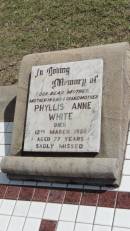 
Phyllis Anne WHITE
d: 12 Mar 1986 aged 77

Peak Downs Memorial Cemetery  Capella Cemetery
