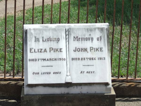 Eliza PIKE  | d: 7 Mar 1900  | John PIKE  | d: 25 Dec 1913  |   | Pike Private Cemetery, Woolooga, Gympie Regional Council  |   | 