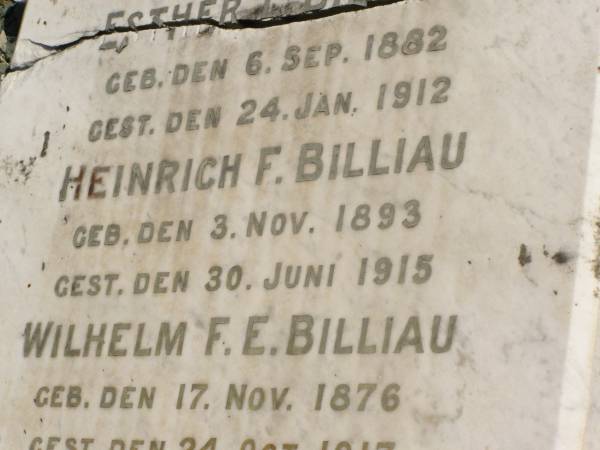 Anna W.Chr. BILLIAU,  | born 6 April 1878,  | died 30 Nov 1895;  | Esther L. BILLIAU,  | born 6 Sept 1882,  | died 24 Jan 1912;  | Heinrich F. BILLIAU,  | born 3 Nov 1893,  | died 30 June 1915;  | Wilhelm F.E. BILLIAU,  | born 17 Nov 1876,  | died 24 Oct 1917;  | Pimpama Island cemetery, Gold Coast  | 