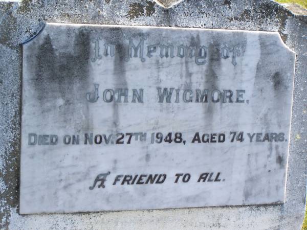 John WIGMORE,  | died 27 Nov 1948 aged 74 years;  | Pimpama Island cemetery, Gold Coast  | 