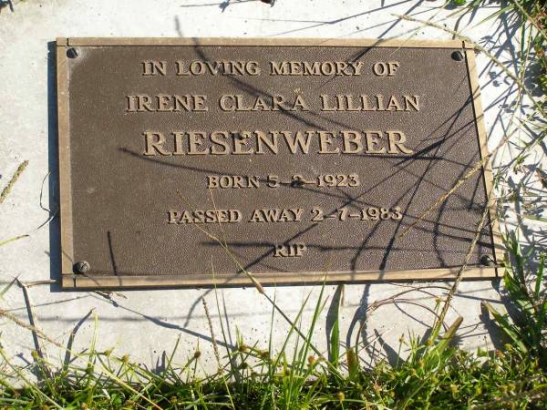 Irene Clara Lillian RIESENWEBER,  | born 5-2-1923,  | died 2-7-1983;  | Pimpama Island cemetery, Gold Coast  | 