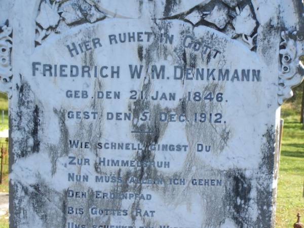 Friedrich W.M. DENKMANN,  | born 21 Jan 1846,  | died 5 Dec 1912;  | Maria,  | wife,  | born 10 Oct 1851,  | died 13 July 1923;  | Pimpama Island cemetery, Gold Coast  | 