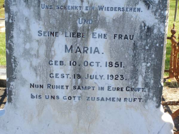 Friedrich W.M. DENKMANN,  | born 21 Jan 1846,  | died 5 Dec 1912;  | Maria,  | wife,  | born 10 Oct 1851,  | died 13 July 1923;  | Pimpama Island cemetery, Gold Coast  | 