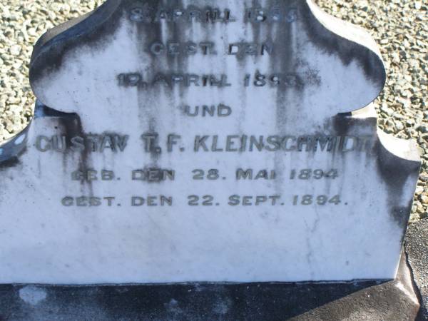 Albert F.W. KLEINSCHMIDT,  | born 8 April 1885,  | died 12 APril 1893;  | Gustav T.F. KLEINSCHMIDT,  | born 28 May 1894,  | died 22 Sept 1894;  | Pimpama Island cemetery, Gold Coast  | 